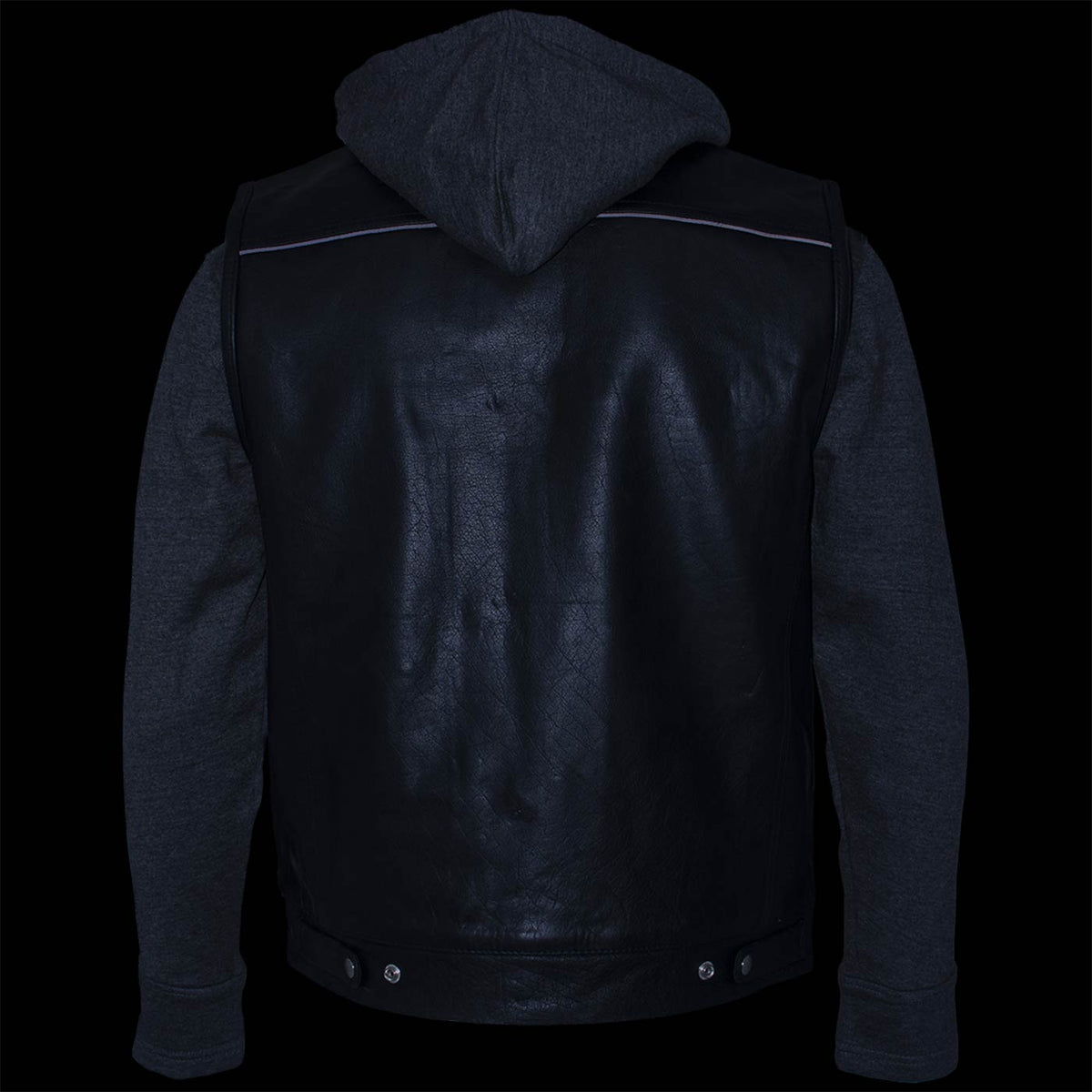 Men's 2 in 1 Classic Black Premium Leather Motorcycle Hoodie Jacket w/ Convertible Vest