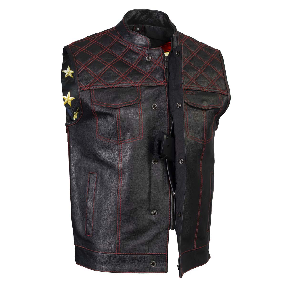 Men's Classic Black Premium Leather Motorcycle Vest with USA Flag Liner