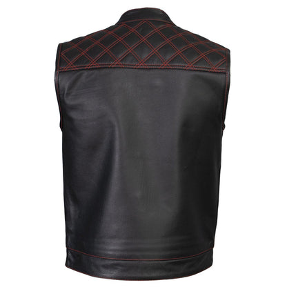 Men's Classic Black Premium Leather Motorcycle Vest with USA Flag Liner