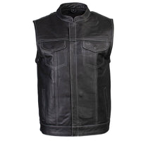 Men's Classic Black Leather Motorcycle Vest with Inside Flannel Liner