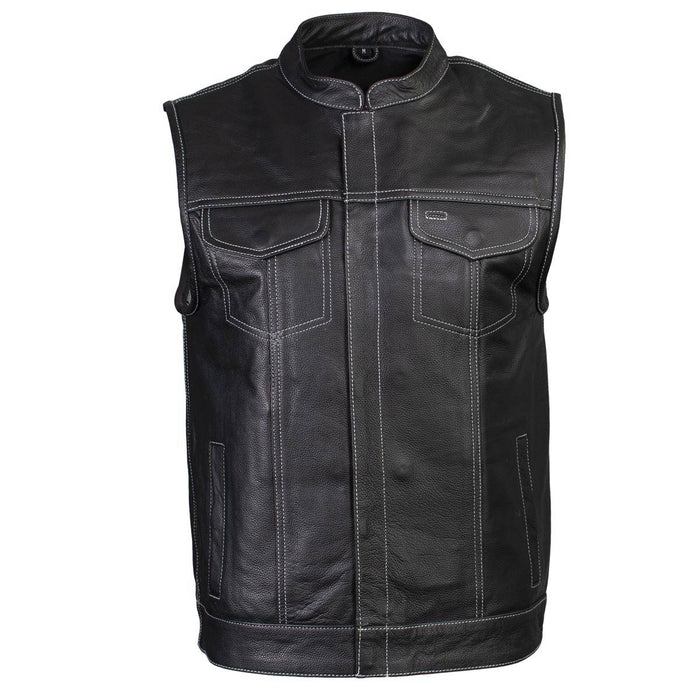 Men's Classic Black Leather Motorcycle Vest with Inside Flannel Liner