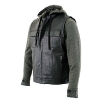 Men's 2 in 1 Classic Black Premium Leather Motorcycle Hoodie Jacket w/ Convertible Vest