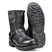 Men's Black Leather Short Harness Motorcycle Boots with Inside Zipper