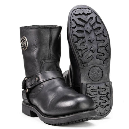 Men's Black Leather Short Harness Motorcycle Boots with Inside Zipper