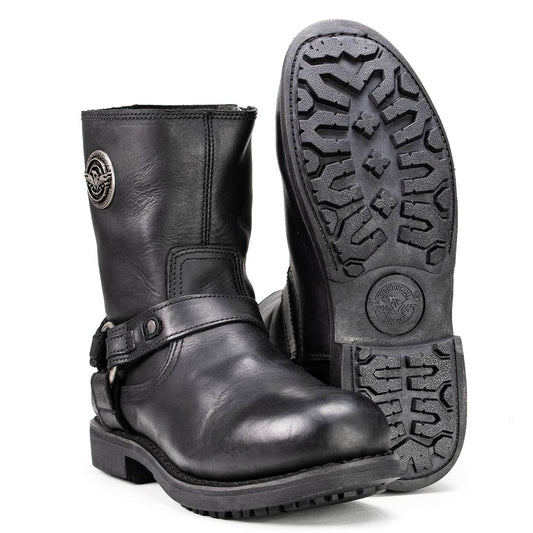 Men's Black Leather Short Harness Motorcycle Boots with Inside Zipper