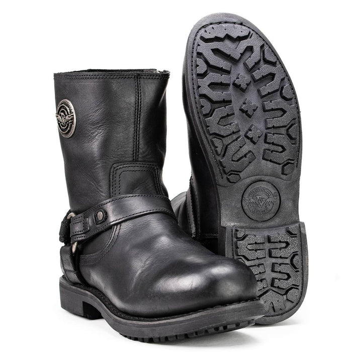 Men's Black Leather Short Harness Motorcycle Boots with Inside Zipper