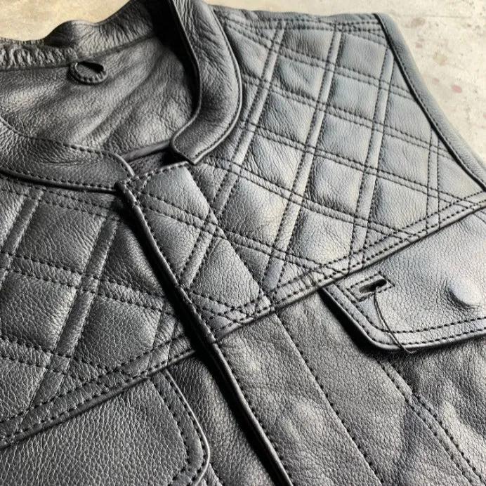 Unik Just for Bikers Black Diamond Leather Motorcycle Vest Diamond Stitch