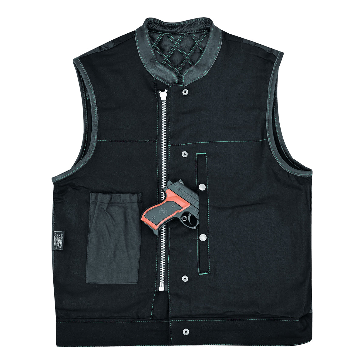 Men's Denim & Leather Motorcycle Vest with Conceal Carry Pockets, SOA Biker Club Vest Green Stitching, Diamond Padding, Snap & Zipper Closure