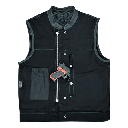 Men's Denim & Leather Motorcycle Vest with Conceal Carry Pockets, SOA Biker Club Vest Green Stitching, Diamond Padding, Snap & Zipper Closure