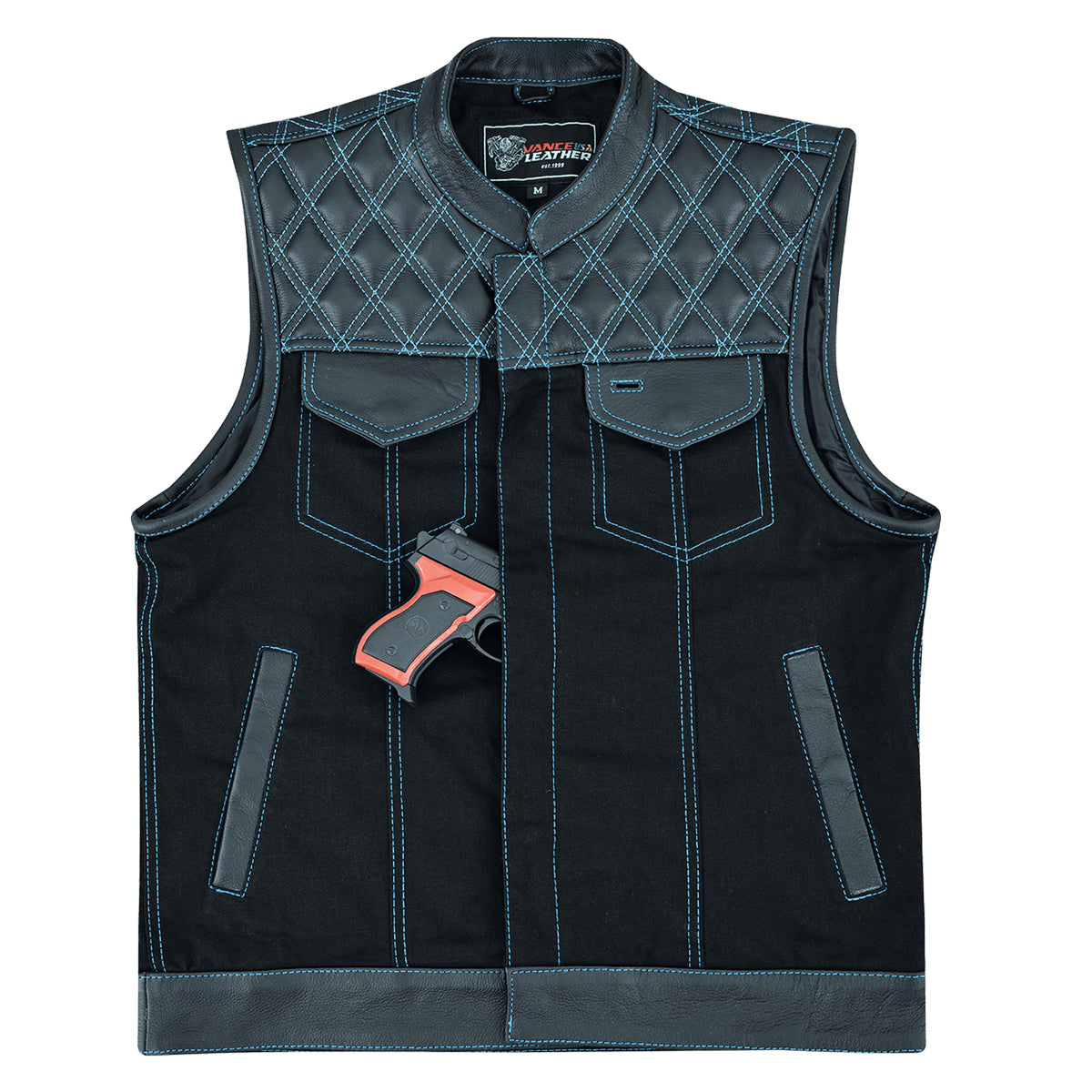 Blue/Black Leather Biker Waistcoat/Vest outlet Denim Style