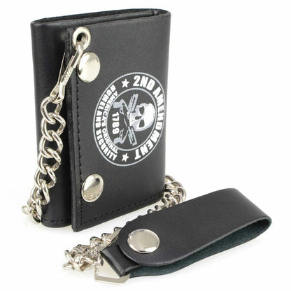 Men's 4” Leather “2nd Amendment” Tri-Fold Wallet w/ Anti-Theft Stainless Steel Chain