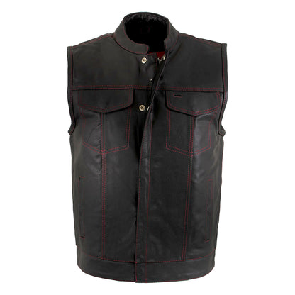Men's Black Premium Leather Motorcycle Rider Vest w/ Red Stitching and USA Inside Flag Lining