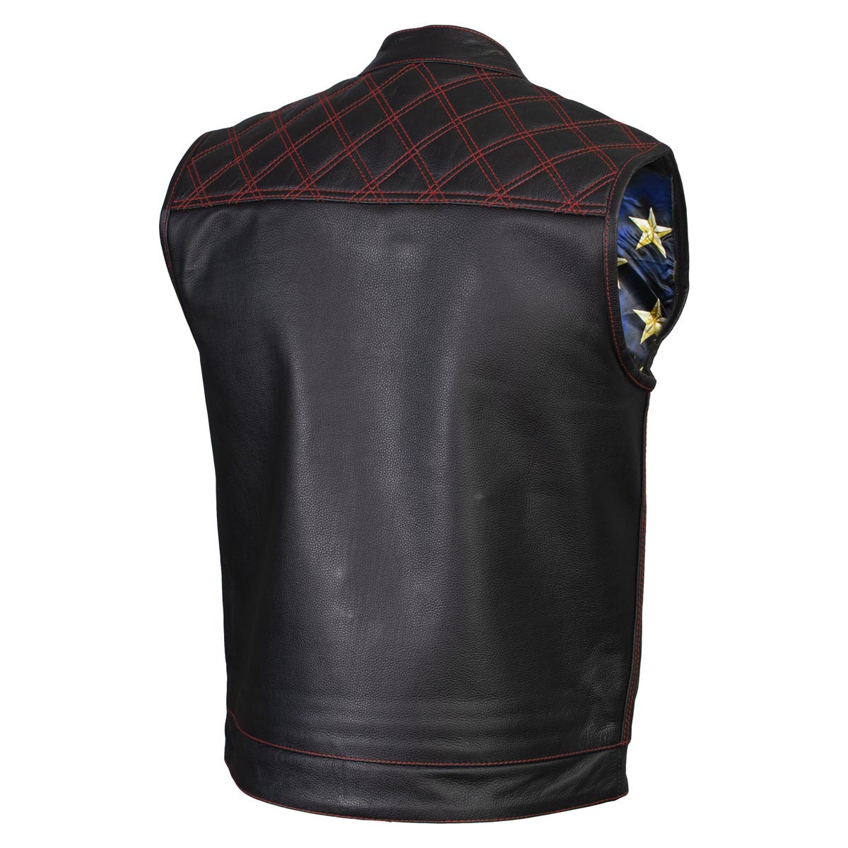 Men's Classic Black Premium Leather Motorcycle Vest with USA Flag Liner