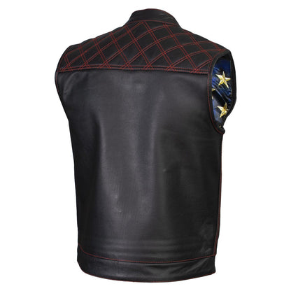 Men's Classic Black Premium Leather Motorcycle Vest with USA Flag Liner