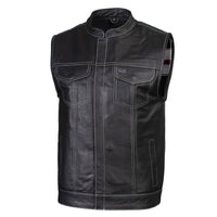 Men's Classic Black Leather Motorcycle Vest with Inside Flannel Liner