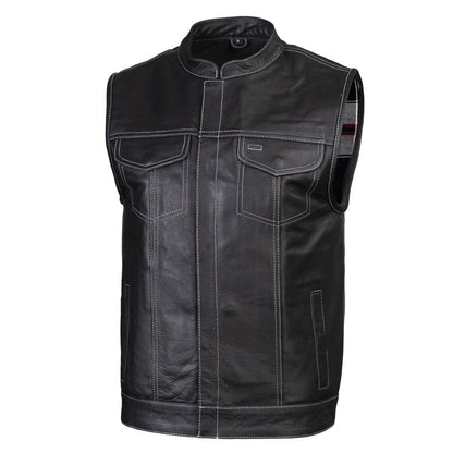 Men's Classic Black Leather Motorcycle Vest with Inside Flannel Liner