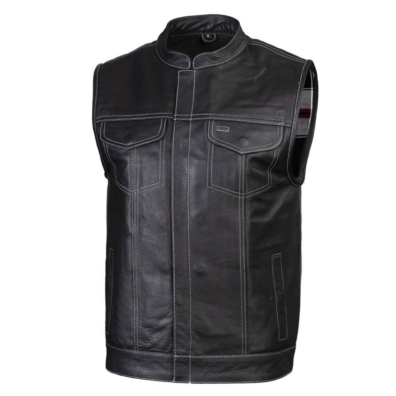Men's Classic Black Leather Motorcycle Vest with Inside Flannel Liner