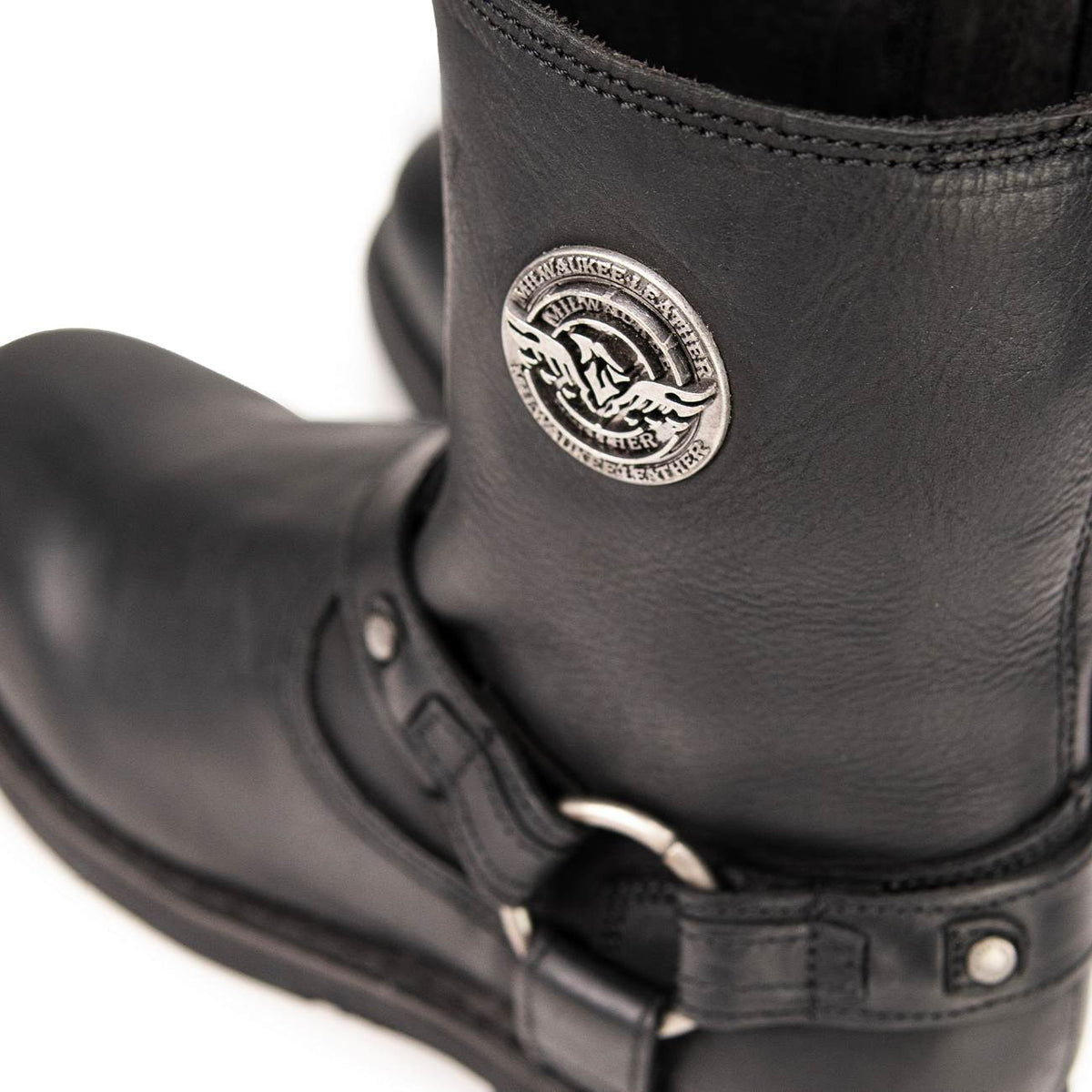 Men's Black Leather Short Harness Motorcycle Boots with Inside Zipper