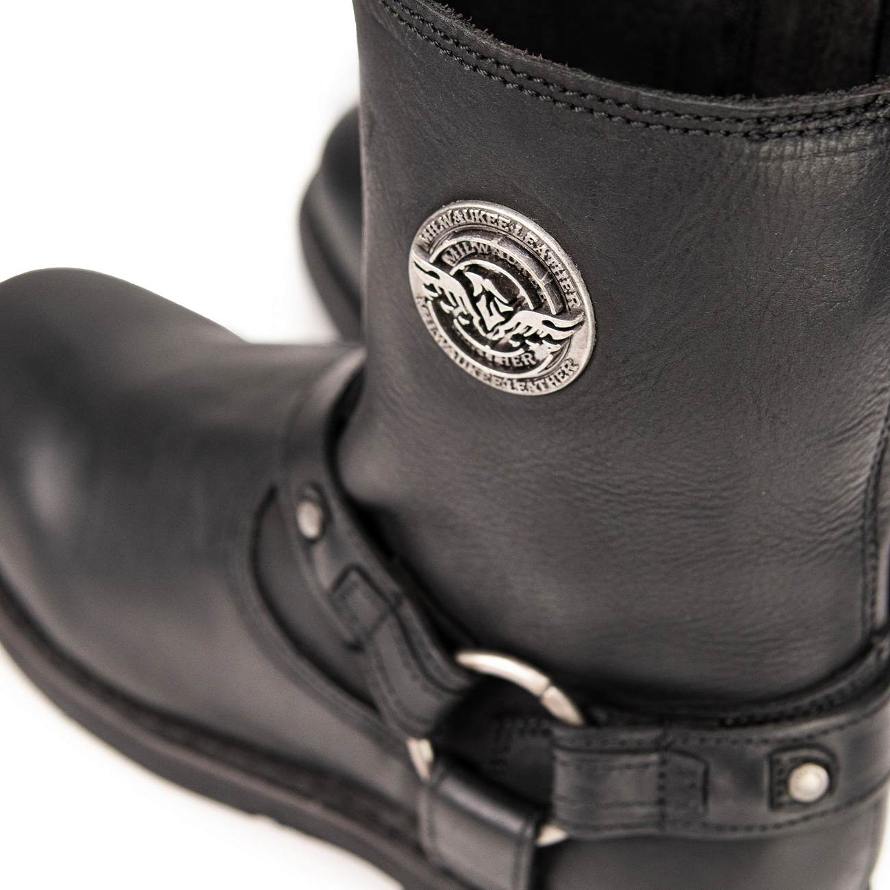 Men's Black Leather Short Harness Motorcycle Boots with Inside Zipper