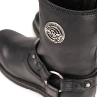 Men's Black Leather Short Harness Motorcycle Boots with Inside Zipper