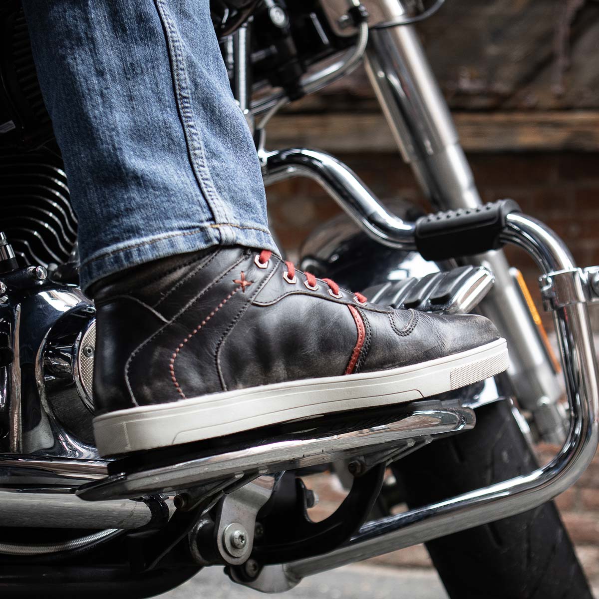 Distressed Leather High-Top Riding Shoes Brown Red Laces
