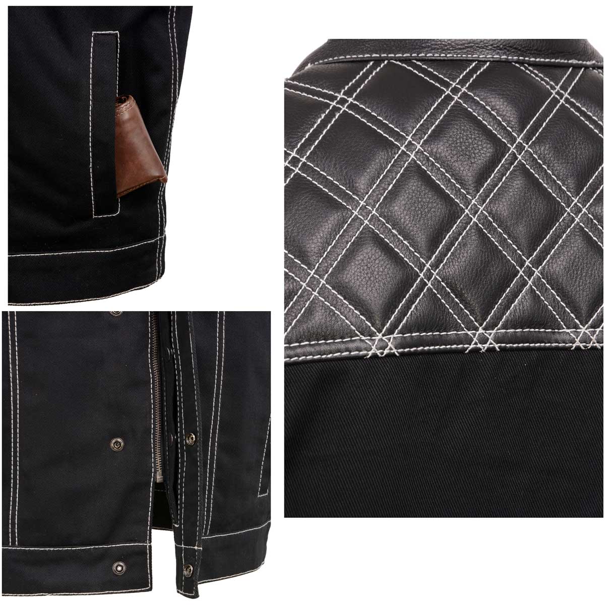 Men's 'Wrecker' Black Denim and Leather Club Style Vest w/ Diamond Quilt Design