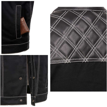 Men's 'Wrecker' Black Denim and Leather Club Style Vest w/ Diamond Quilt Design