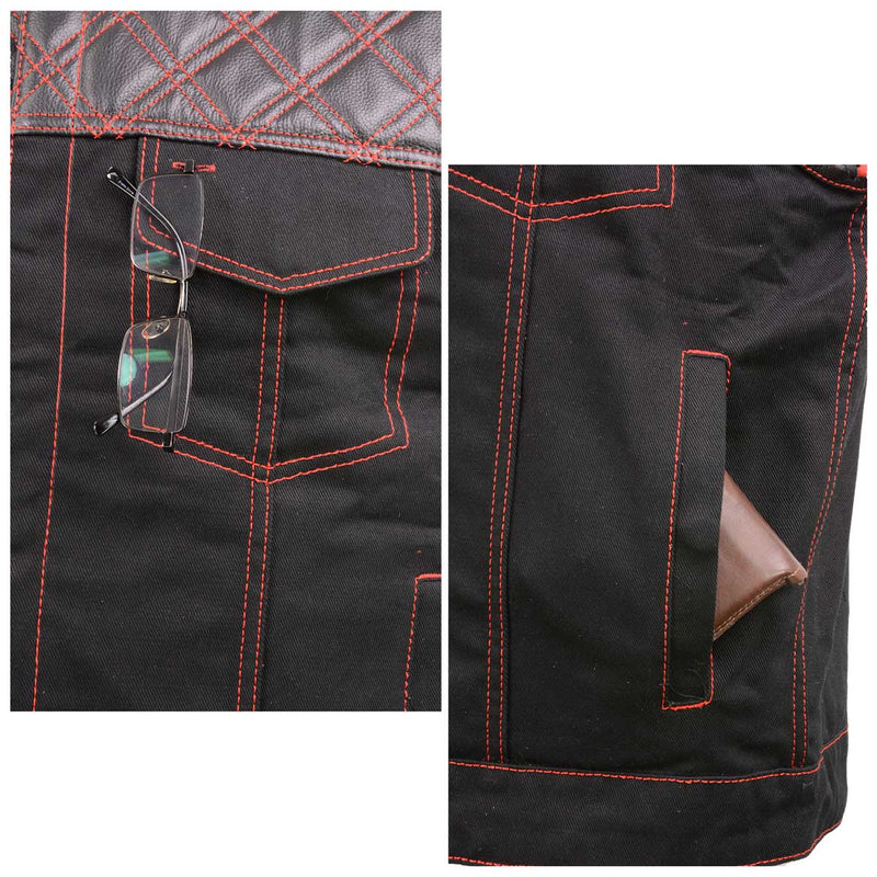 Men's 'Wrecker' Black Denim and Leather Club Style Vest w/ Diamond Quilt Design