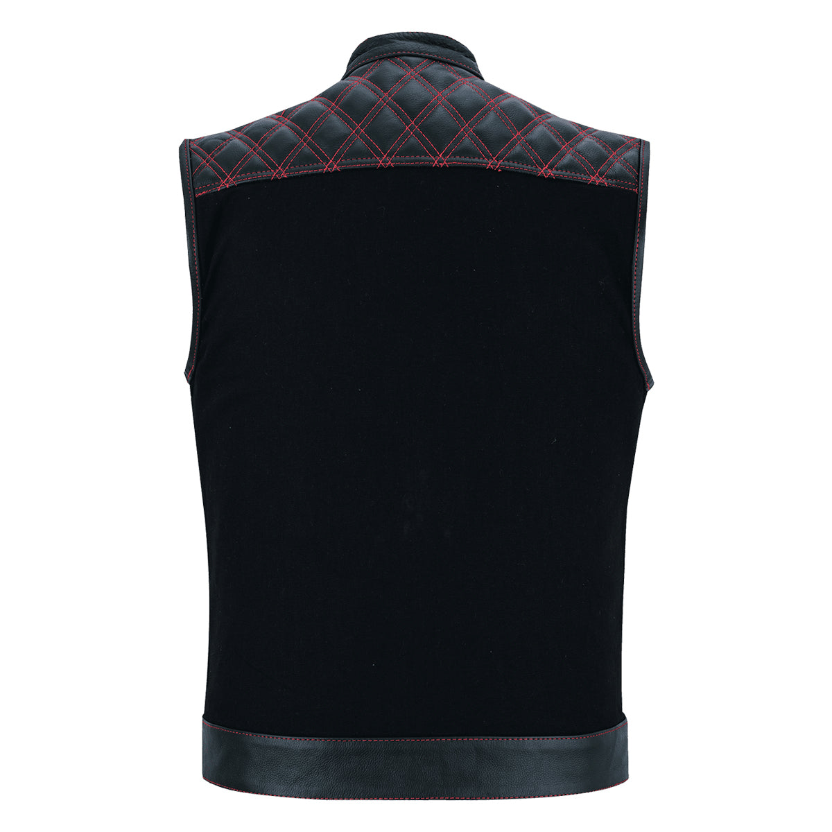 Men's Denim & Leather Motorcycle Vest with Conceal Carry Pockets, SOA Biker Club Vest Red Stitching, Diamond Padding, Snap & Zipper Closure