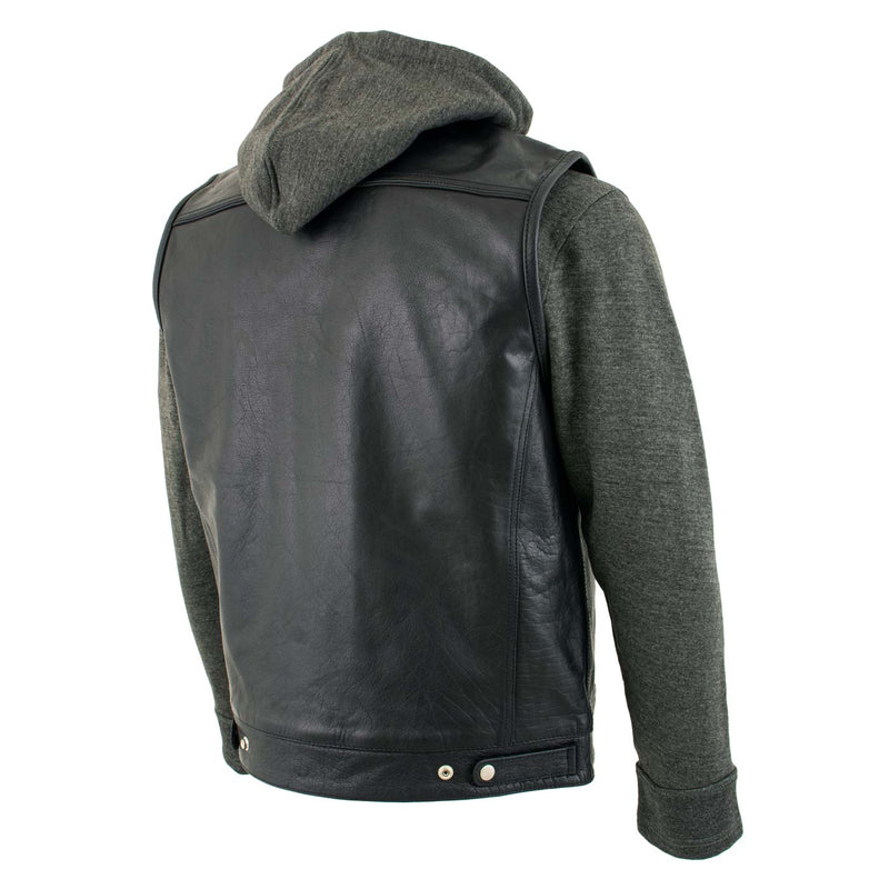 Men's 2 in 1 Classic Black Premium Leather Motorcycle Hoodie Jacket w/ Convertible Vest