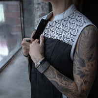 Women's 'Skelly' Black with White Motorcycle Denim Vest w/ Skull Embroidery