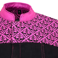 Women's 'Skelly' Black with Pink Motorcycle Denim Vest w/ Skull Embroidery