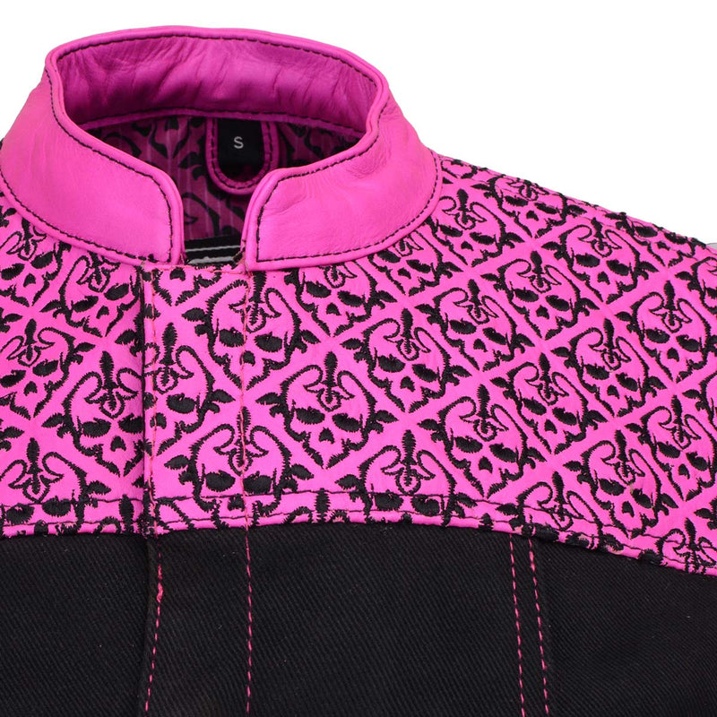 Women's 'Skelly' Black with Pink Motorcycle Denim Vest w/ Skull Embroidery