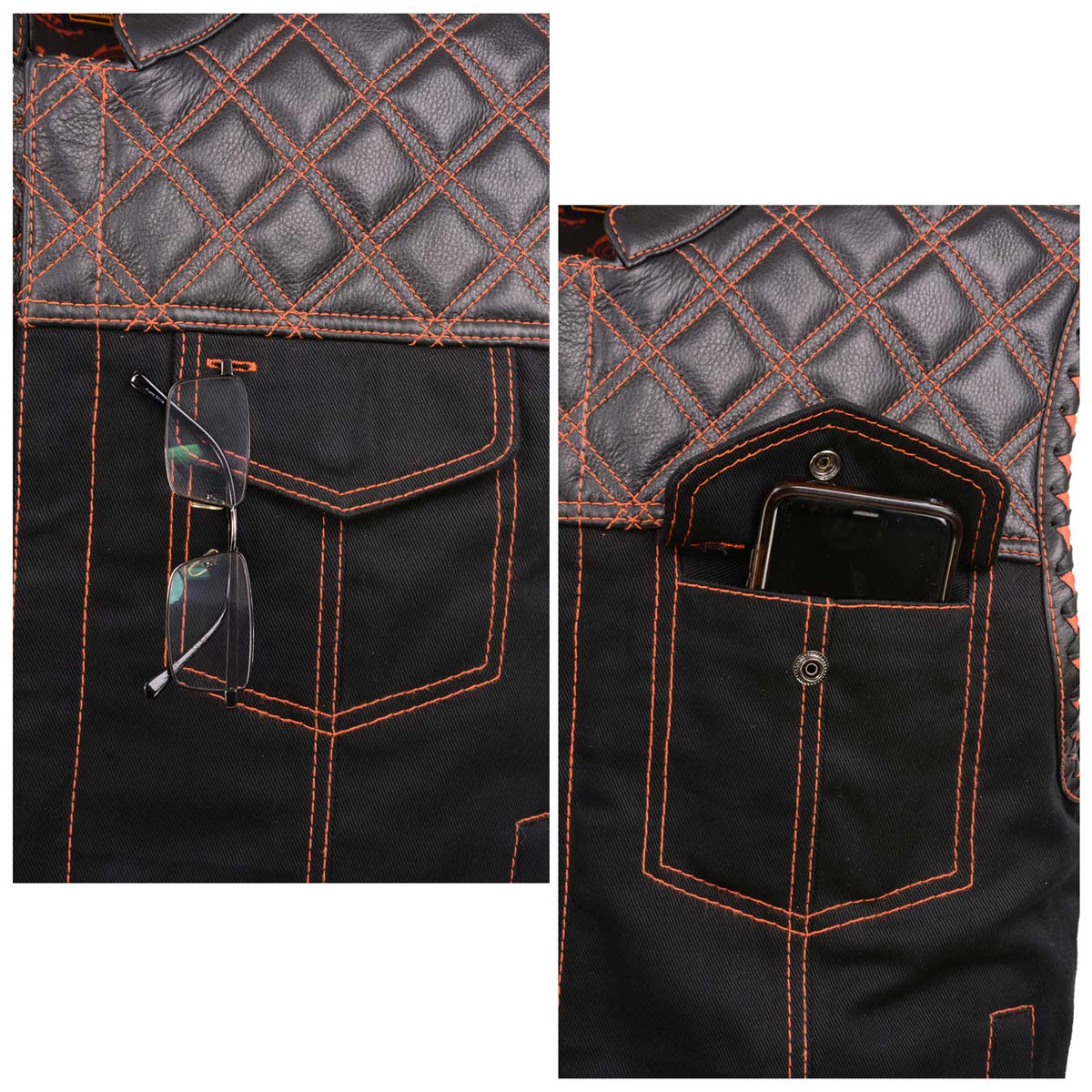 Men's 'Wrecker' Black Denim and Leather Club Style Vest w/ Diamond Quilt Design