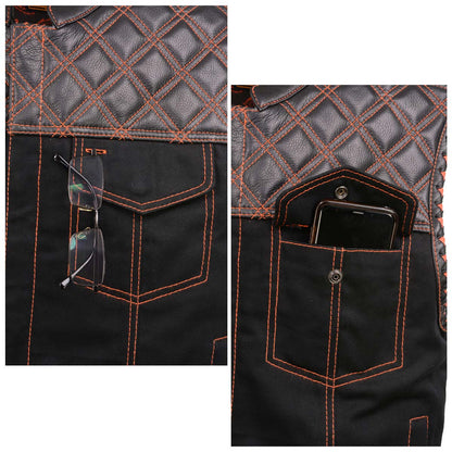 Men's 'Wrecker' Black Denim and Leather Club Style Vest w/ Diamond Quilt Design