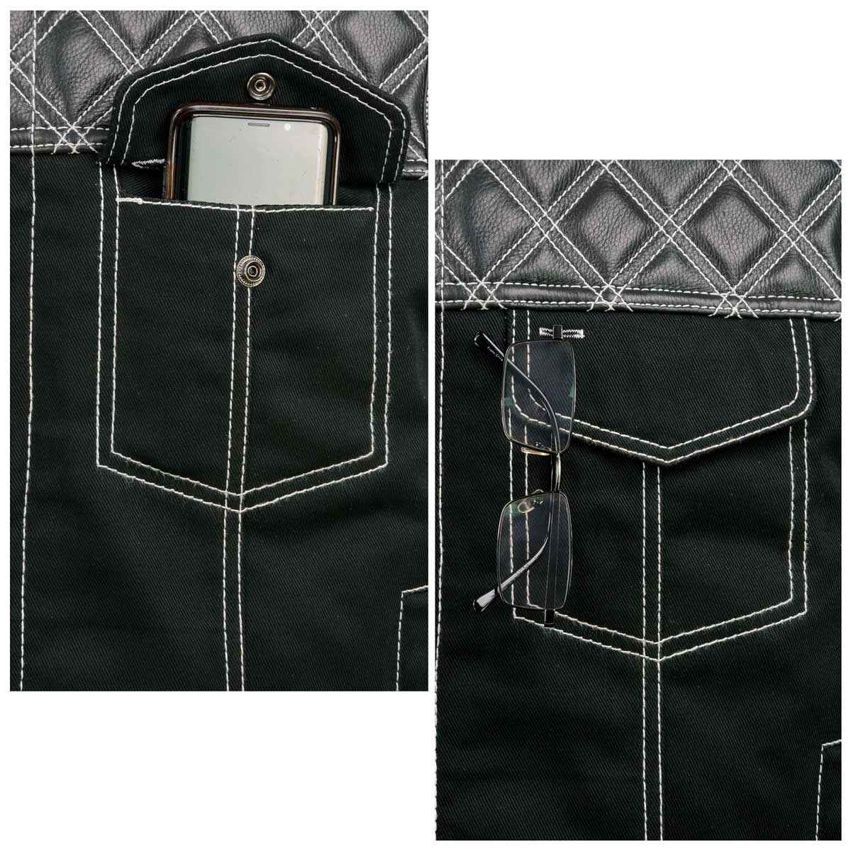 Men's 'Wrecker' Black Denim and Leather Club Style Vest w/ Diamond Quilt Design
