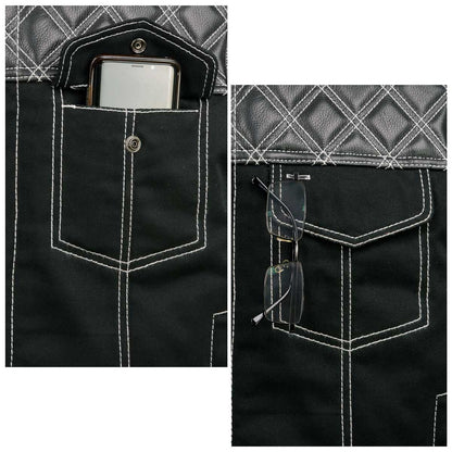 Men's 'Wrecker' Black Denim and Leather Club Style Vest w/ Diamond Quilt Design