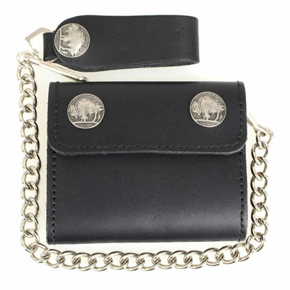 Men's 4” Leather Biker Tr-Fold Wallet w/Buffalo Nickel Snaps Wallet w/ Anti-Theft Stainless Steel Chain