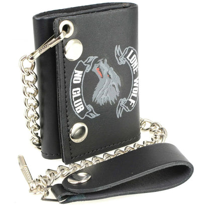 Men's 4” Leather “Lone Wolf No Club” Tri-Fold Wallet w/ Anti-Theft Stainless Steel Chain