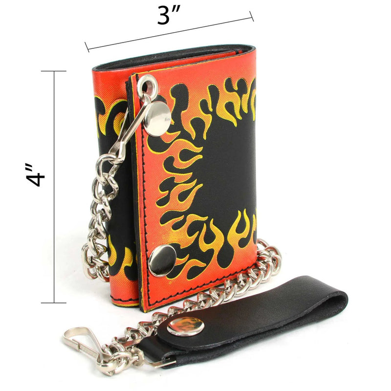 Men's 4” Leather “Flamed” Tri-Fold Biker Wallet w/ Anti-Theft Stainless Steel Chain
