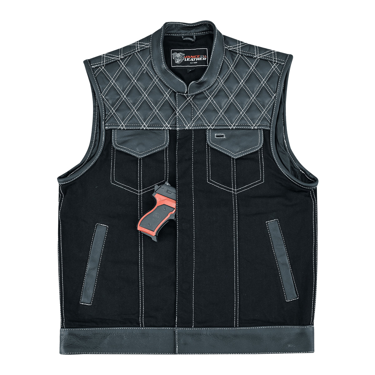 Men's Denim & Leather Motorcycle Vest with Conceal Carry Pockets, SOA Biker Club Vest White Stitching, Diamond Padding, Snap & Zipper Closure