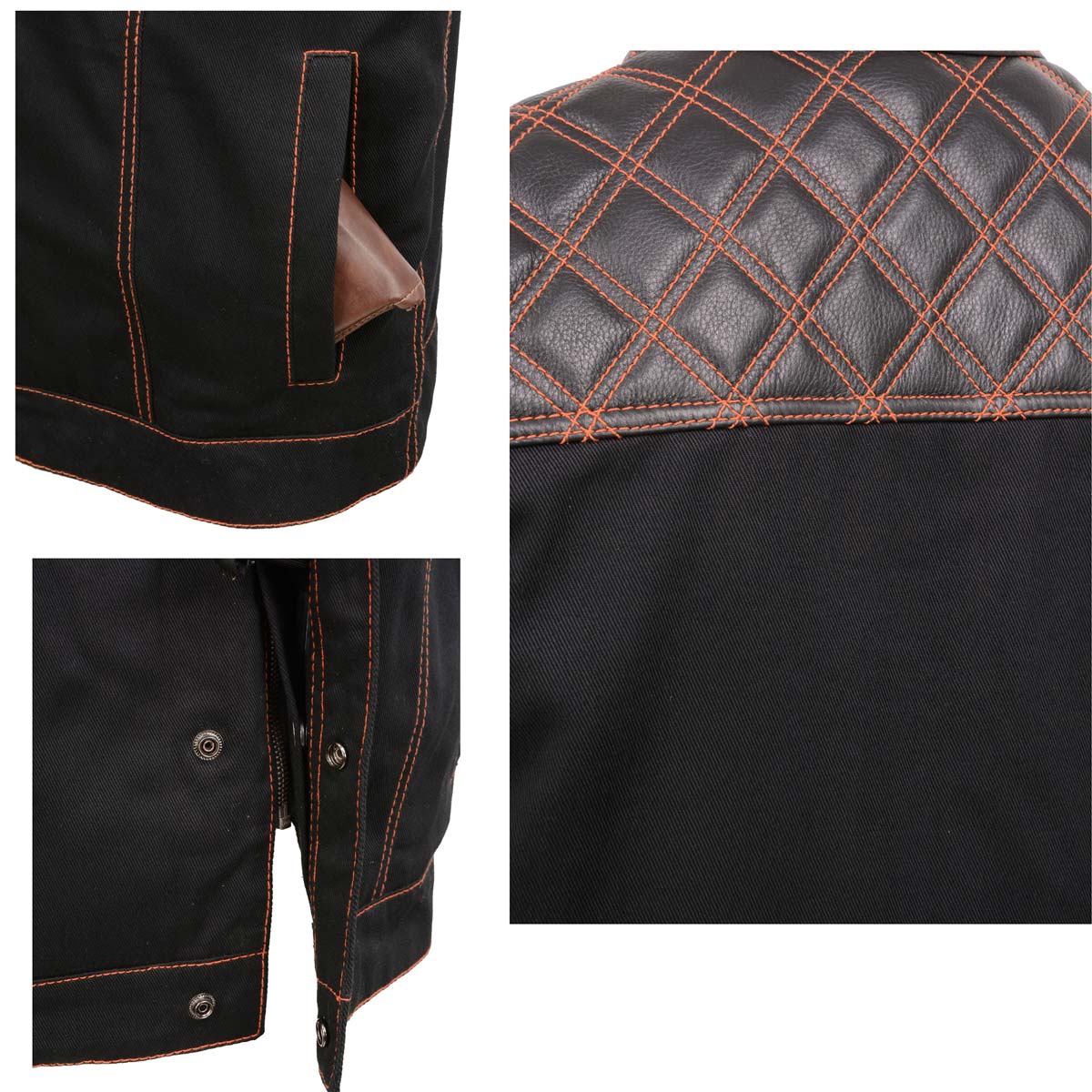 Men's 'Wrecker' Black Denim and Leather Club Style Vest w/ Diamond Quilt Design