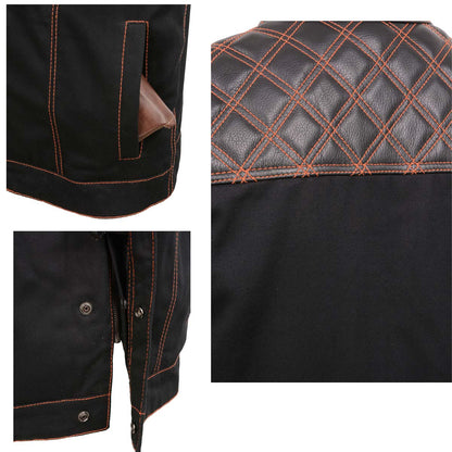 Men's 'Wrecker' Black Denim and Leather Club Style Vest w/ Diamond Quilt Design
