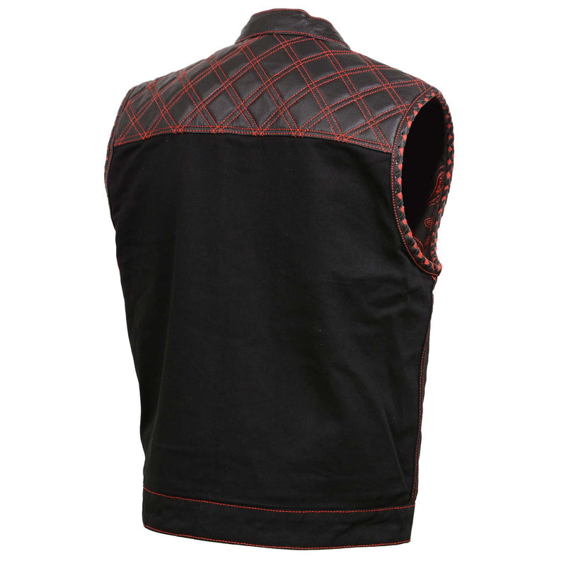 Men's 'Wrecker' Black Denim and Leather Club Style Vest w/ Diamond Quilt Design