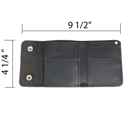 Men's 4” Leather Biker Tr-Fold Wallet w/Buffalo Nickel Snaps Wallet w/ Anti-Theft Stainless Steel Chain