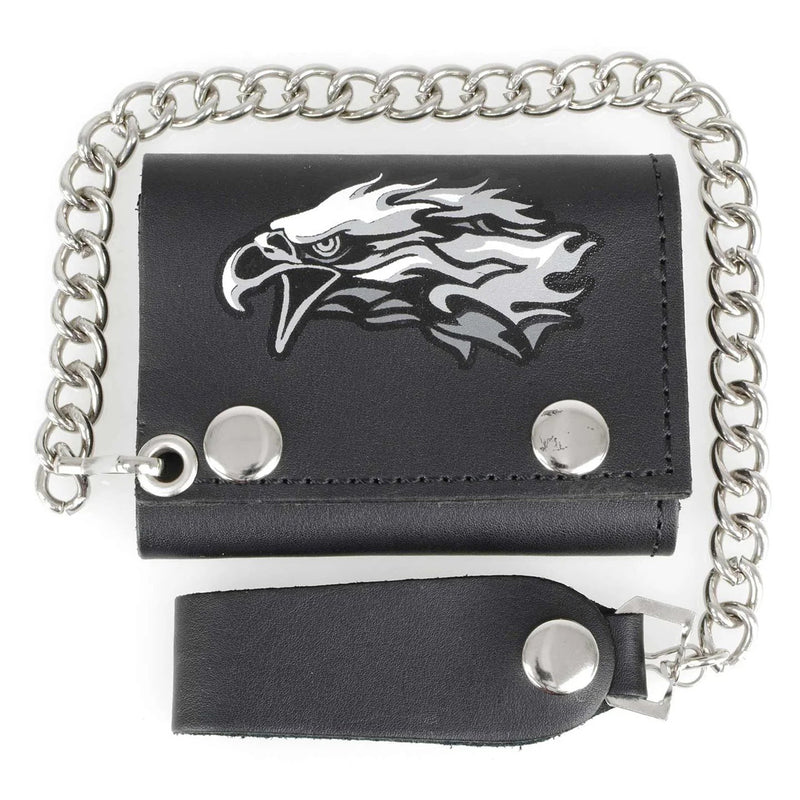 Men's 4” Leather “Flaming Eagle” Tri-Fold Wallet w/ Anti-Theft Stainless Steel Chain