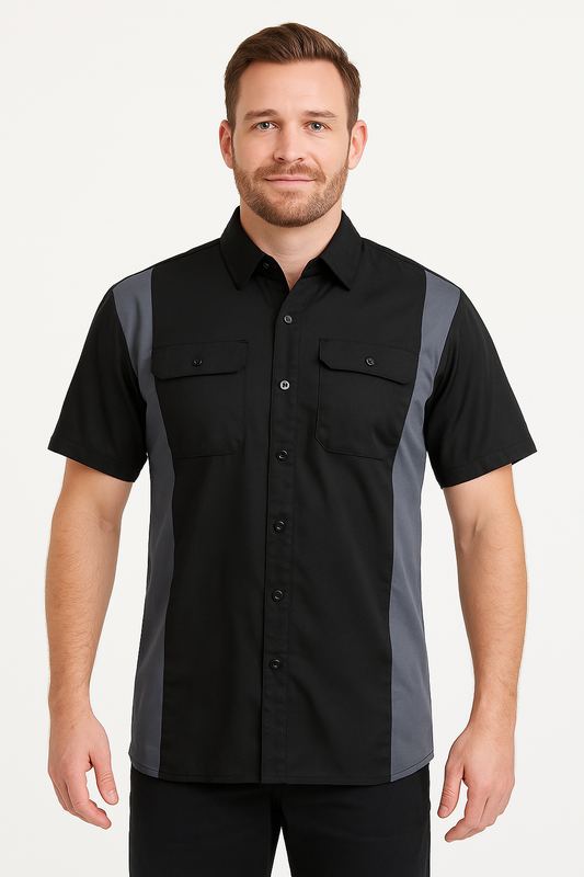 Black and Grey Button Up Heavy-Duty Work Shirt for Men's, Classic Mechanic Work Shirt