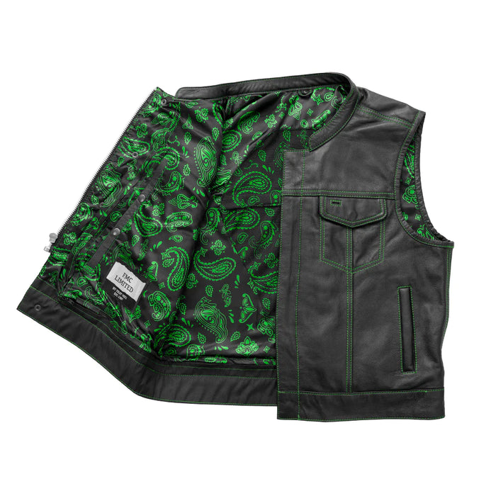 The Club Cut Men's Motorcycle Leather Vest, Multiple Color Options Green