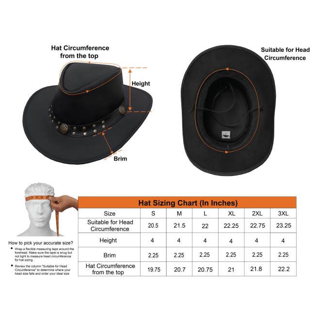 Dream Apparel Men's Black Premium Leather Western Cowboy Studded Hat