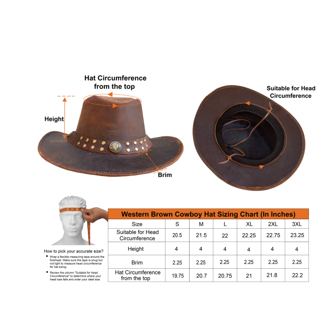 Dream Apparel Men's Brown Top-Grain Premium Leather Western Cowboy Studded Hat